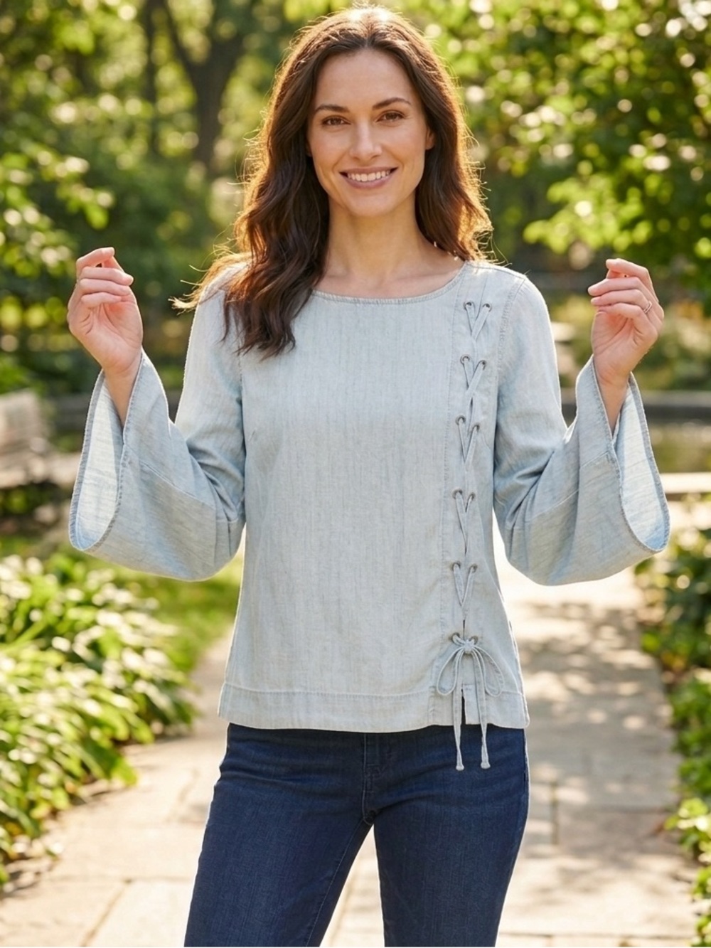 Vince Camuto Chambray NWOT
 Lace up pull over top with bell sleeves. 
Sz Lg
